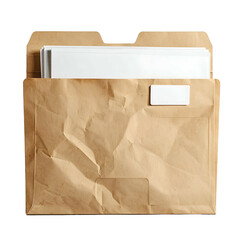 A brown paper envelope, slightly crumpled, holding white sheets and a small tag