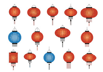 A diverse collection of traditional red and blue Chinese paper lanterns in various shapes and sizes, featuring tassels and intricate details.