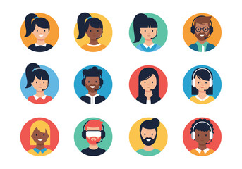 Fototapeta premium A collection of diverse flat design avatars depicting customer service representatives.