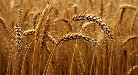 Closeup of ripe wheat ears in a golden field ready for harvest