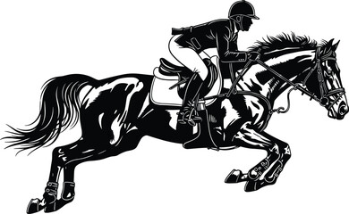 Obraz premium Equestrian horse jumping silhouette, professional rider vector illustration, horseback competition scene, horse racing sport artwork, cad drawing flat vector illustration