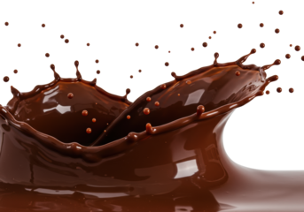 Dynamic high-speed splash of rich dark chocolate, elegant main wave and scattering glossy droplets, transparent studio background. Concept for beverage advertising