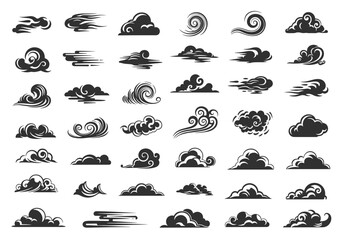 A diverse collection of stylized black and white cloud illustrations, showcasing designs from classic Asian motifs to dynamic modern weather graphics.