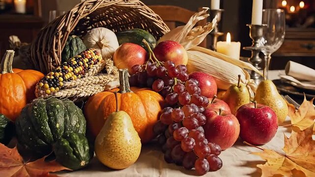 Abundant cornucopia overflows with vibrant harvest bounty pumpkins apples grapes corn and pears a festive autumn feast setup perfect for Thanksgiving celebrations