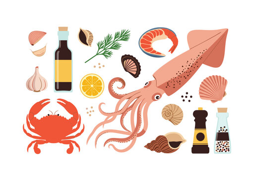 Flat lay illustration showcasing fresh seafood including crab, squid, shrimp, alongside cooking ingredients like garlic, lemon, and spices on white.