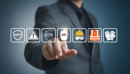 businessman interacting with digital safety and caution icons on virtual screen