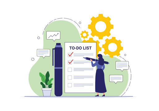 A woman efficiently manages her tasks by checking off completed items on a large to-do list, symbolizing productivity and effective planning.