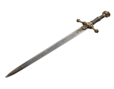 a long sword with its point pointing upward, simple design, white background, in 