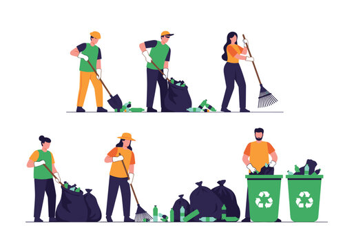 Volunteers work together to clean up litter, collecting plastic bottles and sorting waste into trash bags and recycling bins.