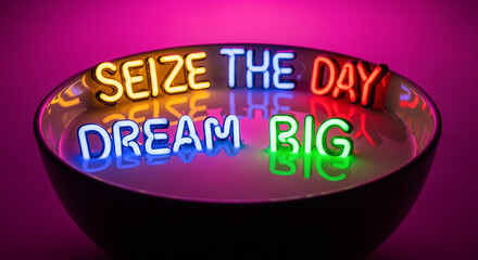 Neon lights with motivational quotes 'Seize the Day' and 'Dream Big' in a bowl
