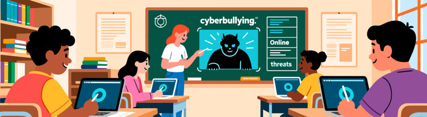 Students learning about cyberbullying in digital literacy class