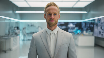 Portrait of a blonde man in his early-30s wearing a light-gray suit, standing in a high-tech lab with subtle clinical trial imagery in the background
