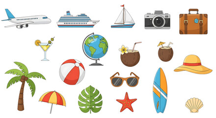 Tropical Vacation Icons Summer Holiday Elements Beach Items and Travel Icons Plane Cruise Camera Luggage Globe Cocktail Palm Tree
