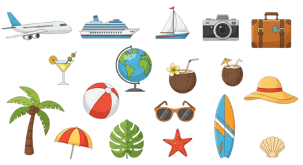 Tropical Vacation Icons Summer Holiday Elements Beach Items and Travel Icons Plane Cruise Camera Luggage Globe Cocktail Palm Tree