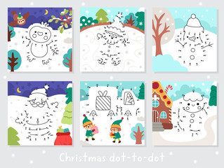 Christmas vector dot-to-dot and color activity set with colored winter snowy scenes. New Year connect the dots game with Santa Claus, elf, gingerbread man. What is missing printable worksheet