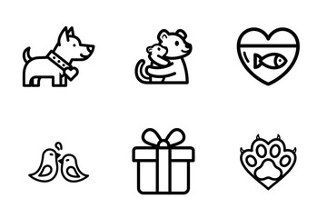 Fototapeta premium Pets and Animals Love Line Icons Set - Dog, Bear, Fish, Birds, Paw Print, Gift