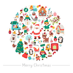 Vector Christmas round frame with traditional symbols, deer, decorated tree, elf. New Year card template design for banners, invitations. Cute winter holiday illustration with Santa Claus
