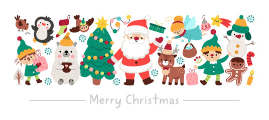 Vector horizontal Christmas border set with cute winter holiday characters. New Year card template design with Santa Claus, deer, elf, decorated tree, angel, snowman, stocking