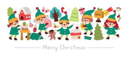Vector horizontal Christmas border set with cute winter holiday characters. New Year card template design with elves in green clothes, presents, fir trees, houses, gingerbread man
