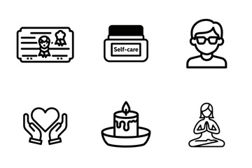 Self-Care and Wellness Icon Set: Mindfulness, Relaxation, Personal Growth, and Emotional Well-being Vector Icons