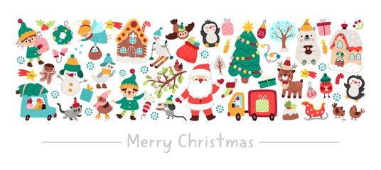Vector Christmas horizontal frame with traditional symbols, deer, decorated tree, elf. New Year card template design for banners, invitations. Cute winter holiday illustration with Santa Claus