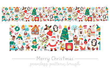 Vector Christmas seamless pattern brush. New Year repeat border background with Santa Claus, elves, deer, fir tree, presents, houses, animals, snowman. Winter holiday festive digital paper for kid