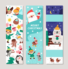 Fototapeta premium Cute Christmas bookmarks set with Santa Claus, polar bear, penguin, elf, animals skating on rink. Vector cartoon winter holiday vertical cards collection. New Year book mark print templates pack