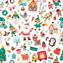 Vector Christmas seamless pattern. New Year repeat background with Santa Claus, elves, deer, fir tree, presents, houses, animals, snowman. Cute festive digital paper for kids. Winter holiday texture