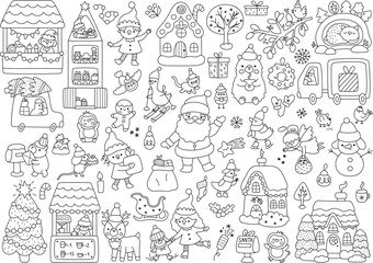 Naklejka na ściany i meble Vector black and white Christmas clipart set. New Year line icons collection with Santa Claus, elves, deer, tree, present, animals, snowman. Cute illustrations for kids. Winter holiday coloring page Naklejka na ściany i meble Vector black and white Christmas clipart set. New Year line icons collection with Santa Claus, elves, deer, tree, present, animals, snowman. Cute illustrations for kids. Winter holiday coloring page