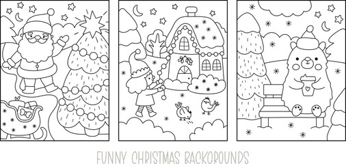 Obraz premium Vector black and white vertical Christmas village landscapes set. New Year line scenes collection with Santa Claus, elf, polar bear. Festive winter holiday backgrounds or coloring page pack for kid