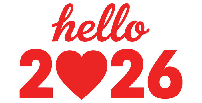 Red hello 2026 graphic with a heart shape on a white background for new year celebrations