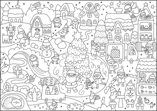 Vector black and white Christmas village landscape. New Year line scene with Santa Claus, elf, deer, tree, house, snowman, fair. Cute festive winter holiday background, coloring page for kid