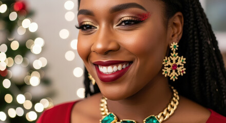 Joyful African woman with festive makeup and jewelry smiling amidst twinkling Christmas lights, celebrating holiday season with glamour.