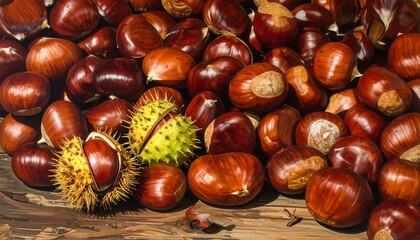 A close-up view of a pile of freshly harvested nuts with one partially open shell