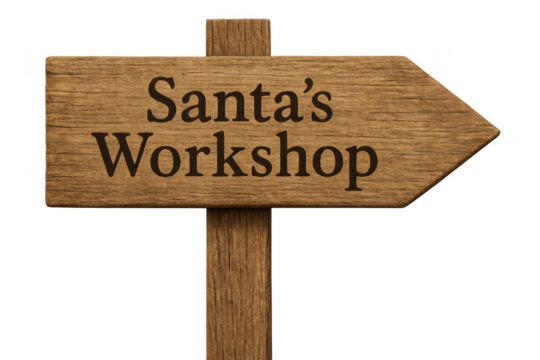 Wooden arrow sign directing to santa's workshop, guiding christmas holiday travel and festive gift preparations