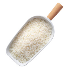 White rice grains displayed on light colored wooden scoop isolated on transparent background