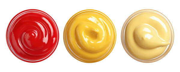 Three colorful sauce drops in red yellow and beige colors, isolated on transparent background