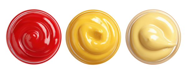 Three colorful sauce drops in red yellow and beige colors, isolated on transparent background