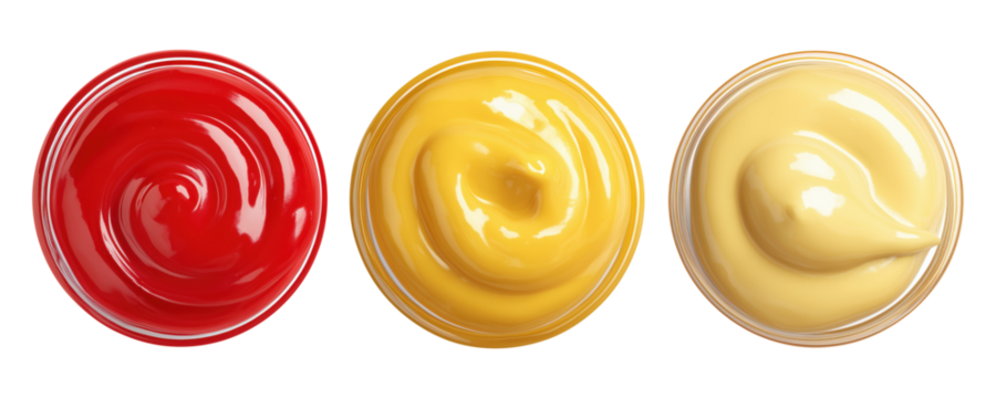 Three colorful sauce drops in red yellow and beige colors, isolated on transparent background