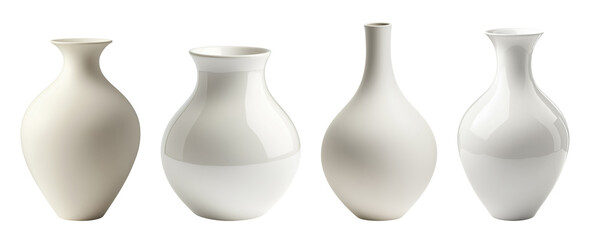 Four elegant white ceramic vases in different shapes and sizes arranged in row, isolated on transparent background