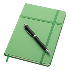Green notebook with elastic band and black pen for taking notes and writing down ideas for business strategy and personal development