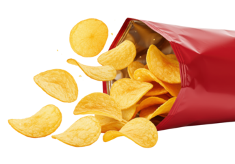 Crispy, golden, ridged potato chips with salt crystals dynamically pour from a glossy red snack bag on a transparent background, captured with high-key lighting and macro perspective, exhilarating