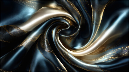 Dark Teal and Champagne Silk Swirl with Gold Shimmer, Abstract Luxury Fabric Background