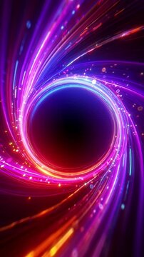 Glowing swirling vortex of vibrant light trails in blue, purple and pink color on a dark background. Concept of big data, block chain and digital technology. Template with free copy space for text.