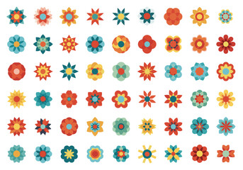 Obraz premium A vibrant collection of diverse and colorful stylized flower illustrations arranged in a neat grid pattern, perfect for design elements.