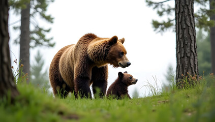 Brown Bear with Cub Resting in Green Forest
