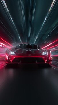 Generic red sports car racing at high speed on neon highway. Power acceleration on a night track with colorful lights. Futuristic digital background. Concept of velocity and technology. 3d animation	
