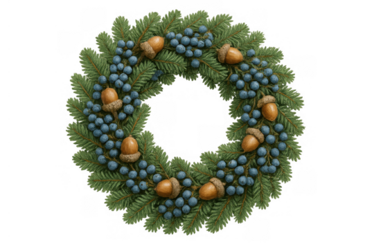 Holiday winter wreath with fir branches, blue juniper berries, and acorns on a transparent background - Powered by Adobe