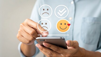 Customer experience concept business woman using smartphone to select happy face icon for satisfaction evaluation and positive feedback on application