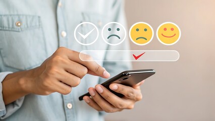 Customer experience concept business man using smartphone to select check icon for satisfaction evaluation and positive feedback on application